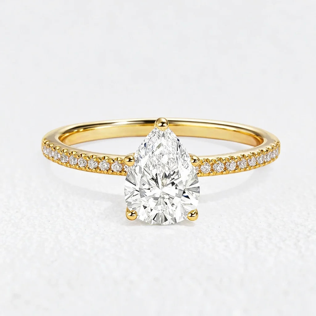 Lena’s Radiance | 1.5CT Pear Diamond Pavé Solitaire Engagement Ring