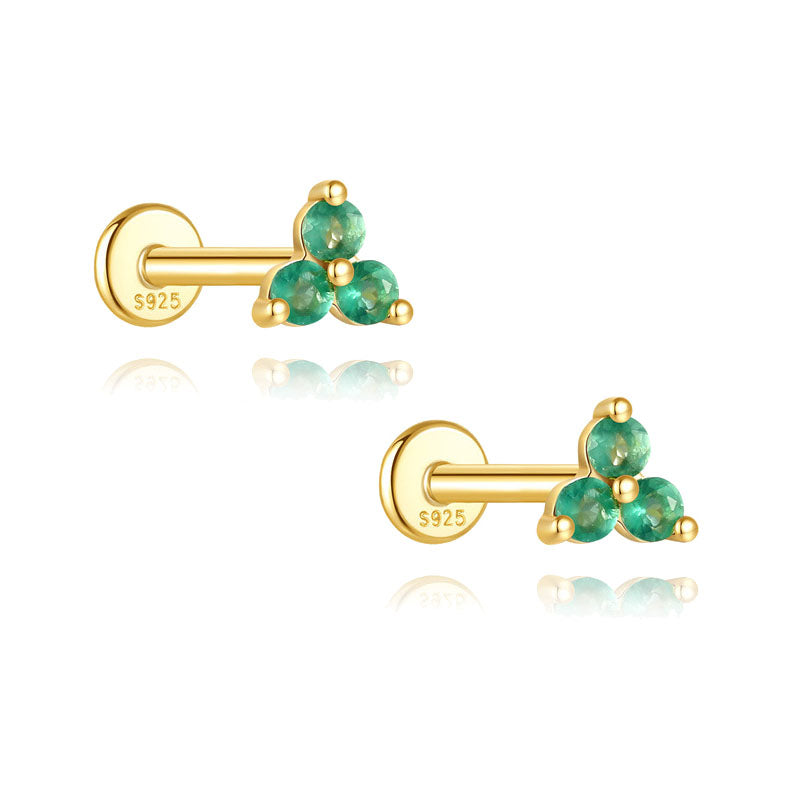 S925 Sterling Silver Gold Plated Trio Green Zircon Flat Back Cartilage Earring