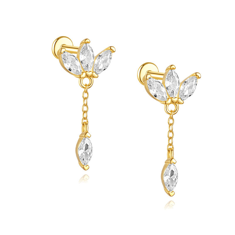 S925 Sterling Silver Gold Plated Marquise CZ Flower Chain Dangle Flat Back Cartilage Earring