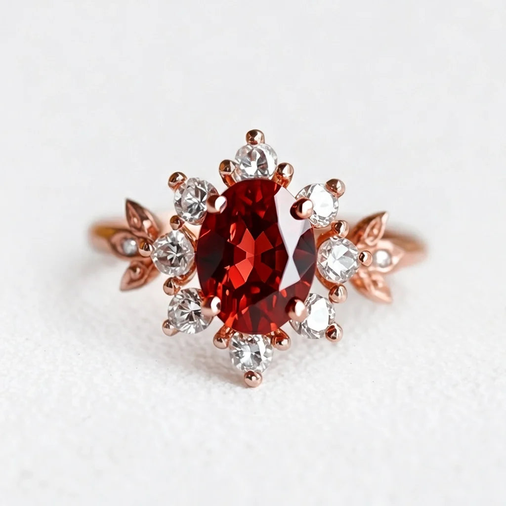 Anne’s Crimson | Oval Garnet Vintage Halo Engagement Ring