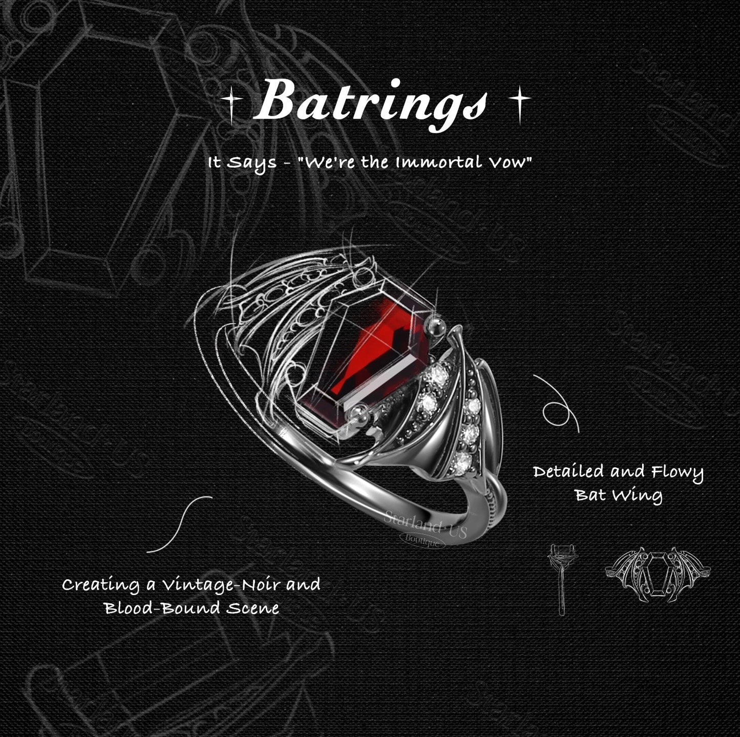 Coffin Cut Lab Alexandrite Gothic Inspired Black Gold Engagement Ring - Bat Ring