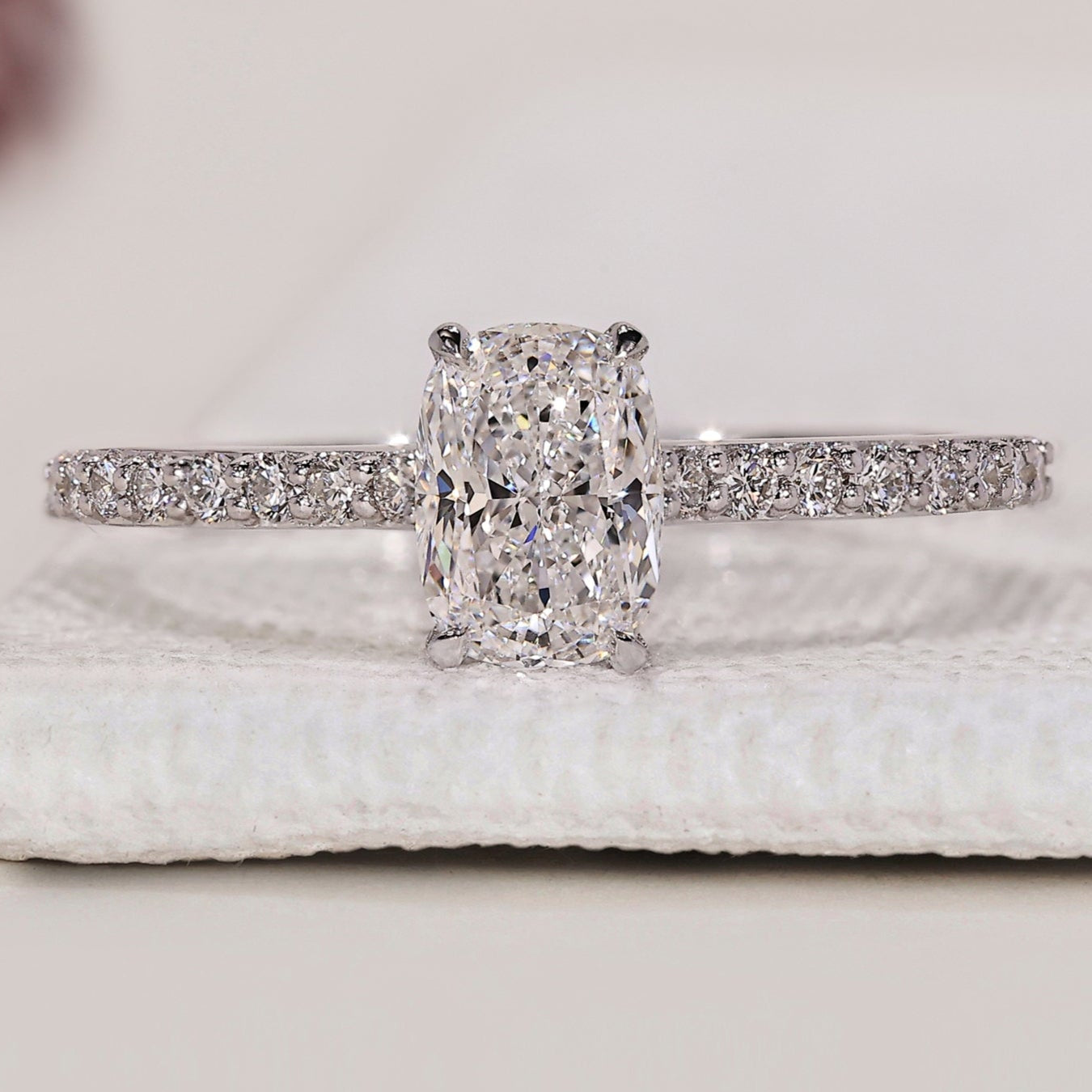 Cushion Diamond Ring with Round Side Diamonds