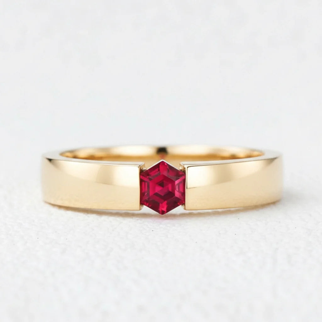 Ruben’s Hexagon | Ruby Tension Set Men's Wedding Band