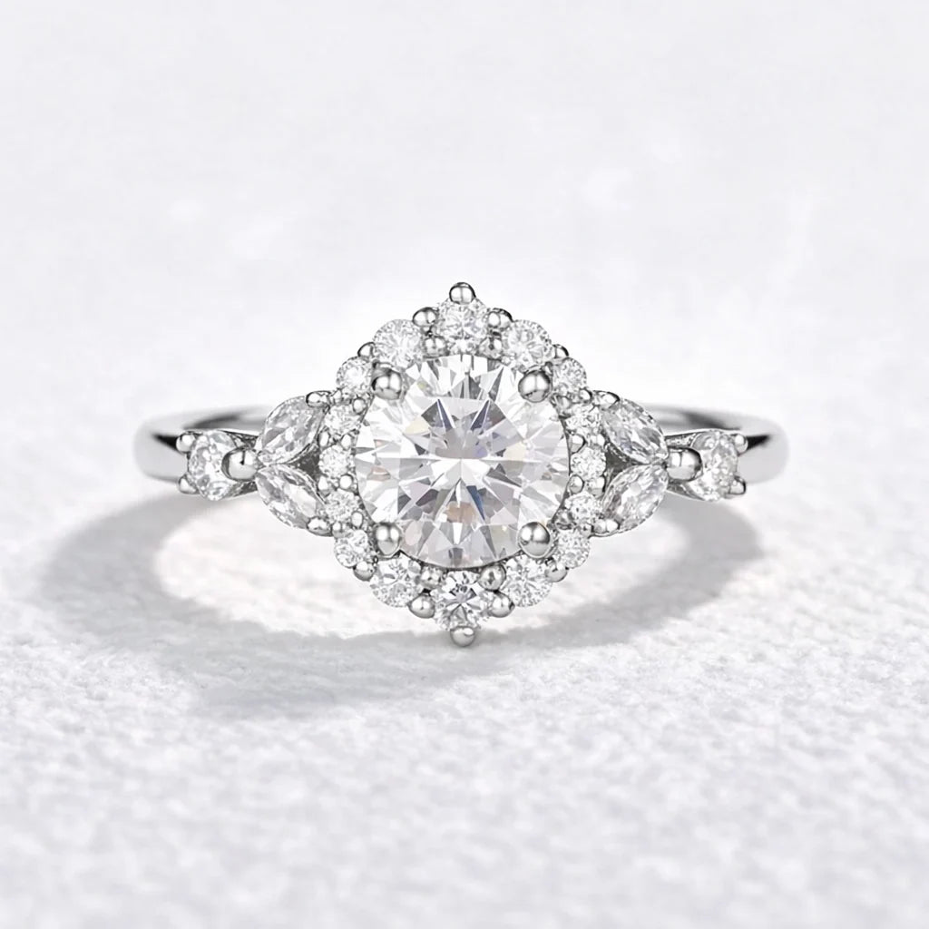 Aurora’s Radiance | Vintage Round Diamond Halo Engagement Ring