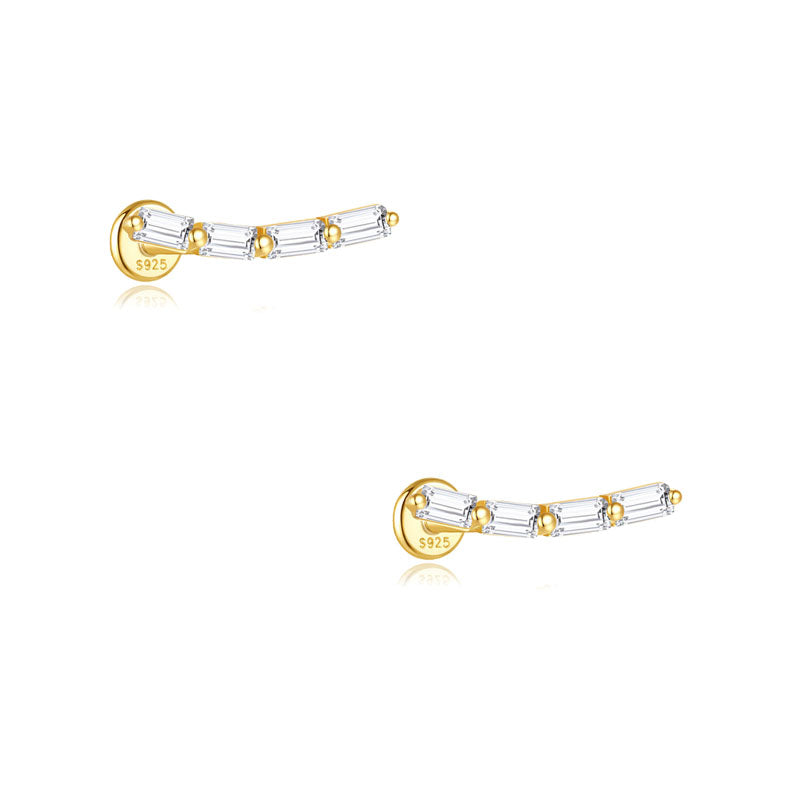 S925 Sterling Silver Gold Plated Curved Baguette CZ Line Flat Back Cartilage Earring