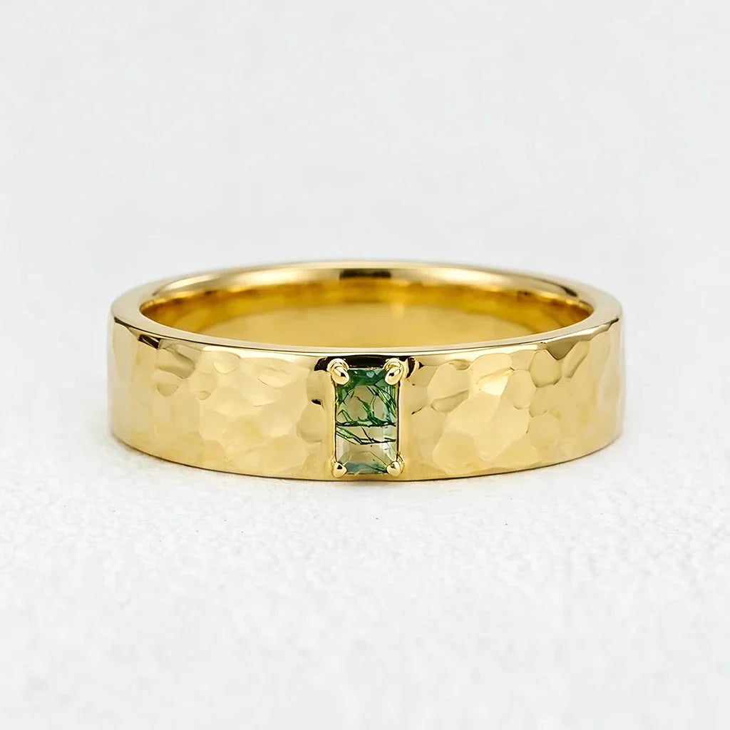 Marcus’s Keystone | Hammered Moss Agate Men’s Wedding Band