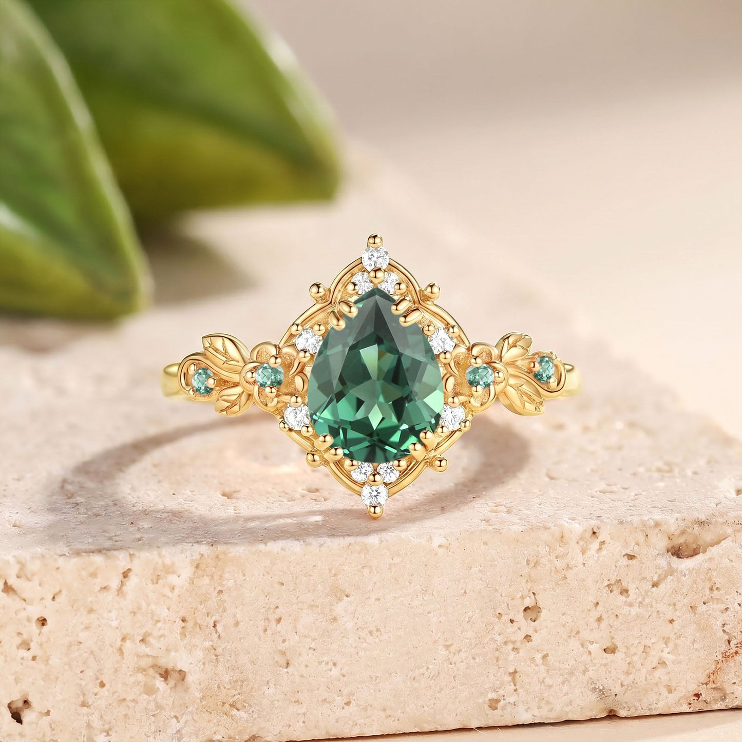 Pear Cut Flower Lab Green Sapphire Engraved Vintage Engagement Ring - Amour