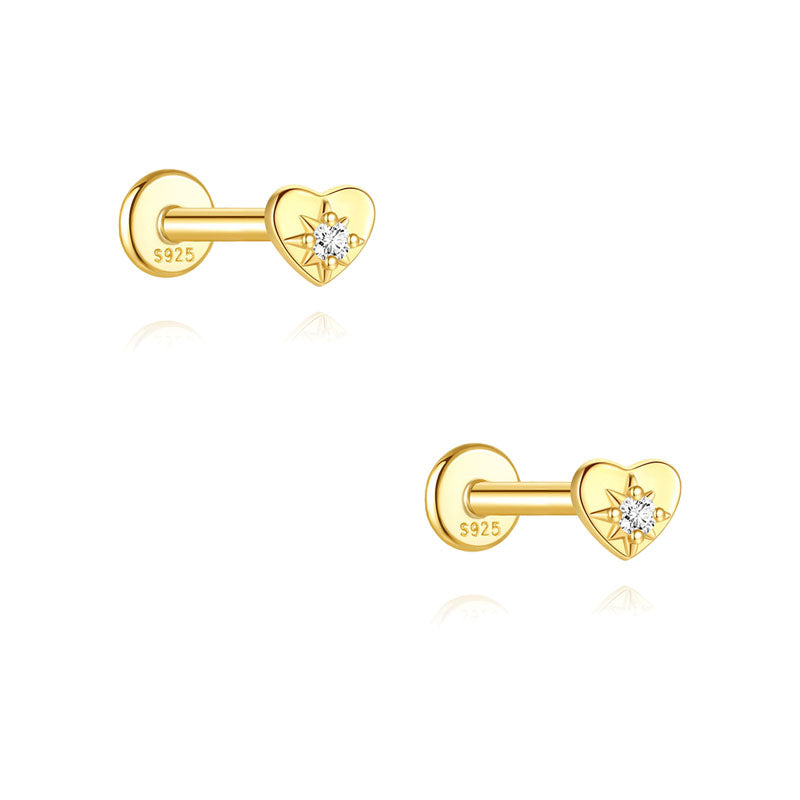 S925 Sterling Silver Gold Plated Heart with Starburst CZ Flat Back Cartilage Earring