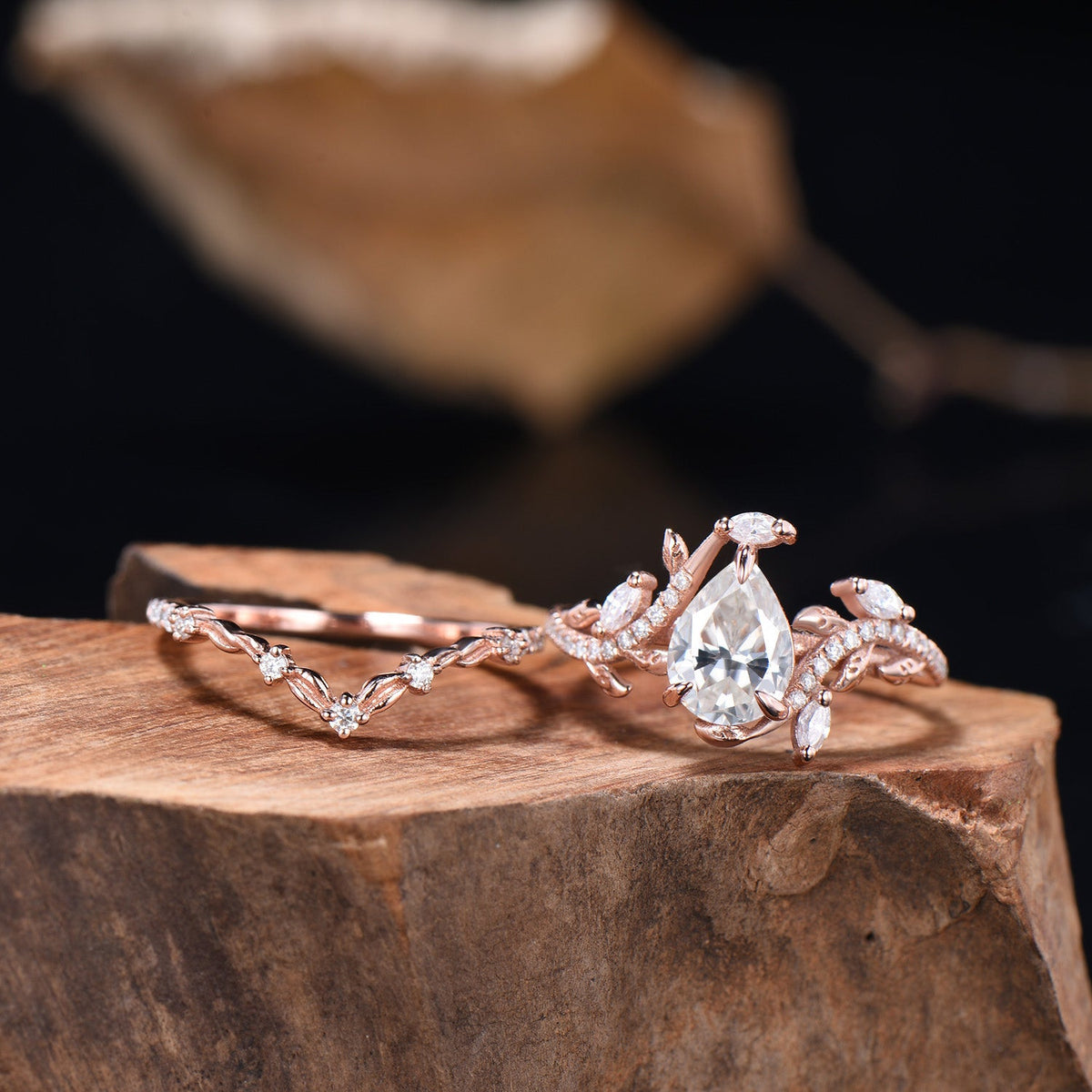 Nature Inspired Moissanite Bridal Set Teardrop Cut Moissanite Snake Engagement Ring Diamond Leaf Wedding Band Anniversary Gifts For Women