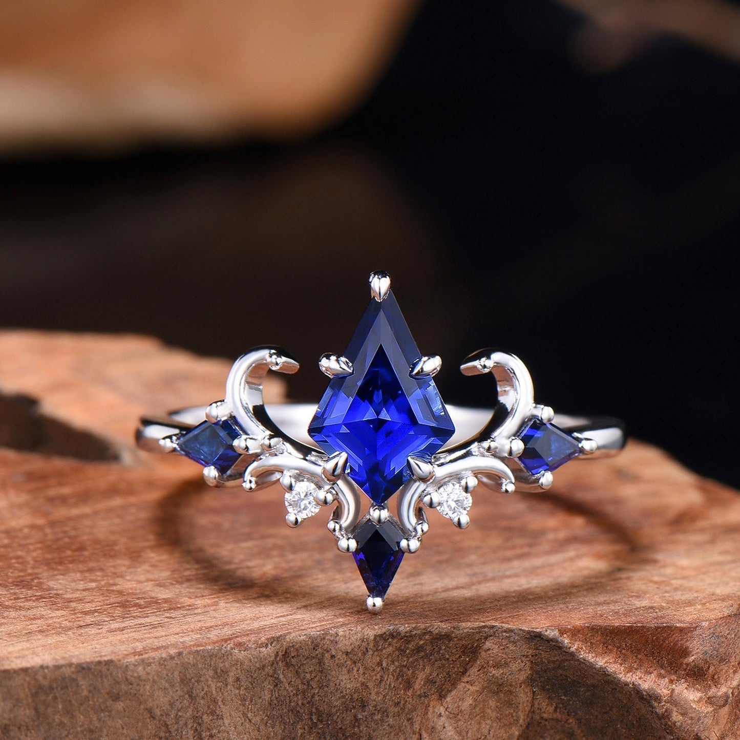 Unique Sapphire Ring Set Vintage Kite Cut Blue Sapphire Engagement Ring Open Gap Ruby Wedding Band Gold Bridal Set Anniversary Promise Gifts