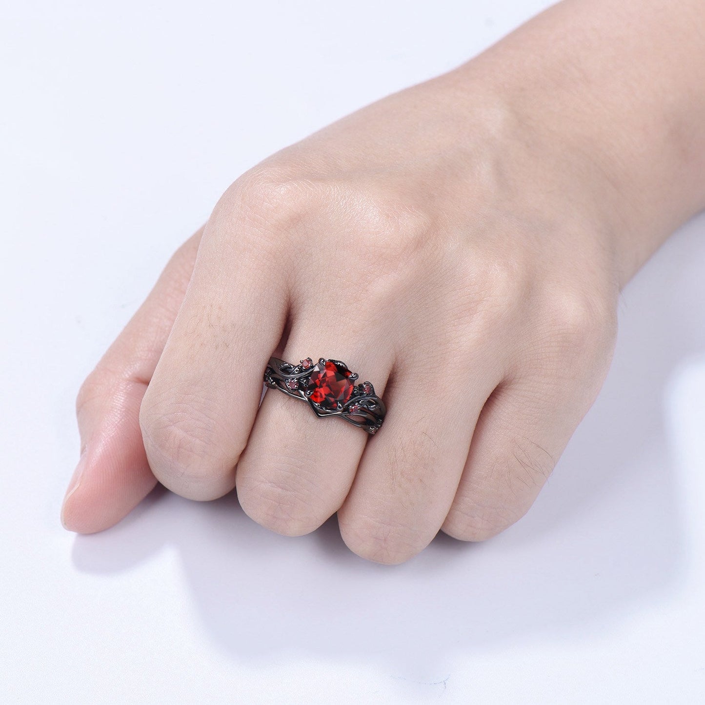 Unique gothic cushion cut garnet wedding ring set black gold natural inspired January birthstone engagement ring for women 2pcs bridal set