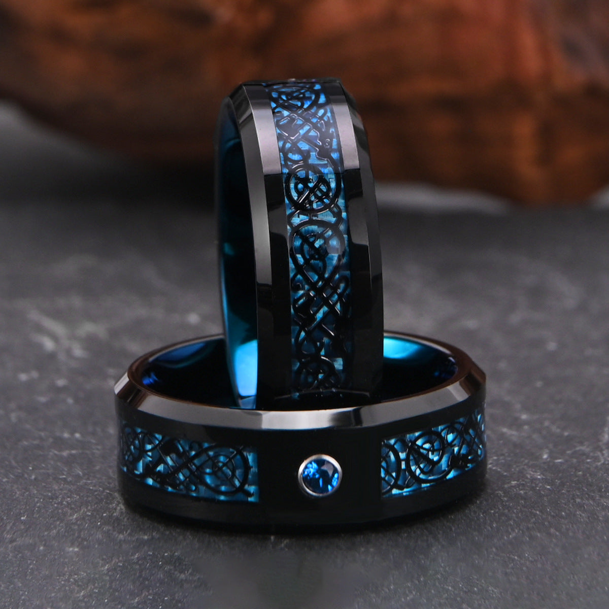 8mm tungsten men's wedding band Tungsten steel two-tone ring with blue fiber black dragon slice and blue zircon
