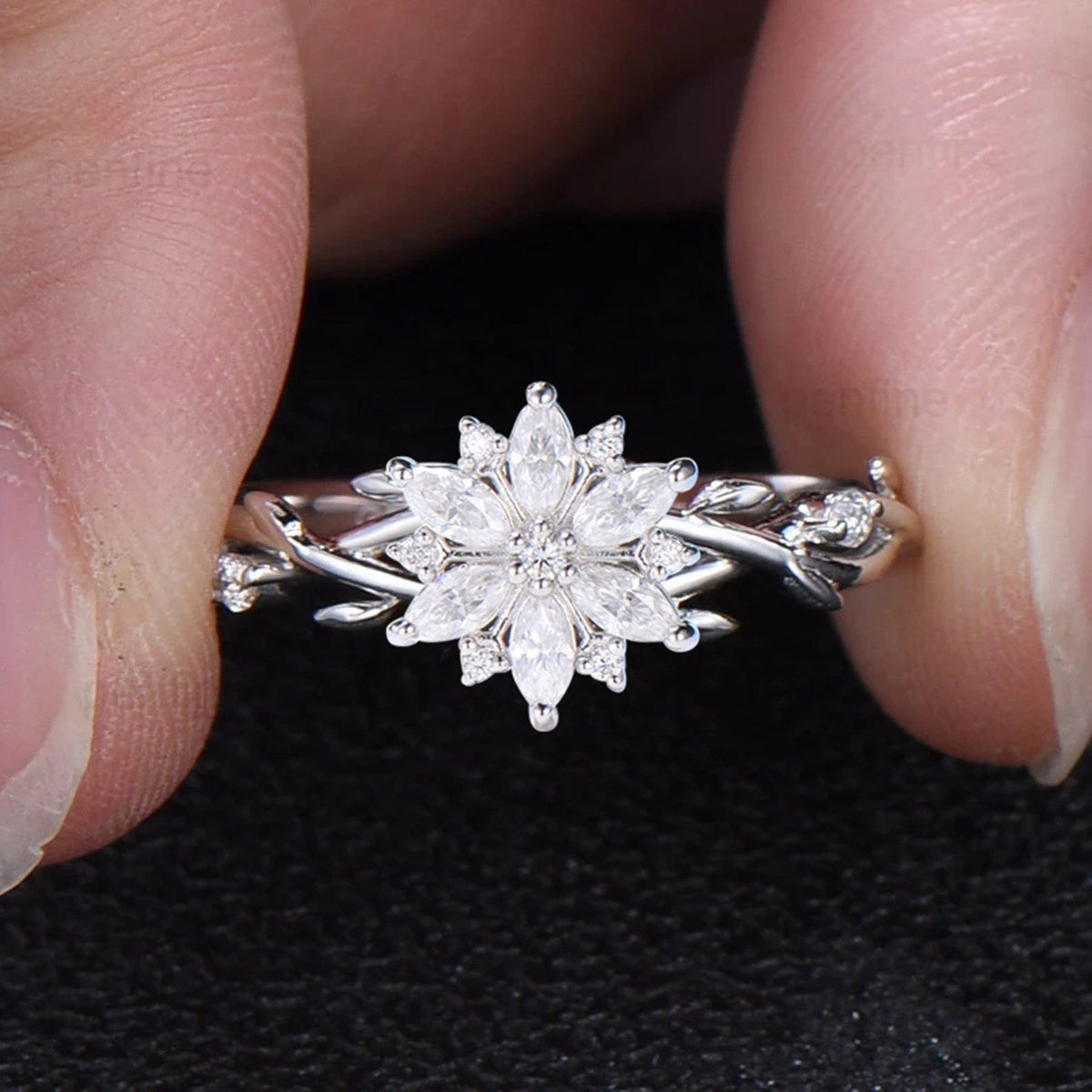 Elegant Snowflake Marquise Moissanite Diamond Ring with Twisted Branch Band