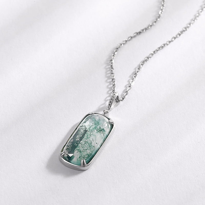 Hand Polished Rectangular Cut Moss Agate Pendant Necklace