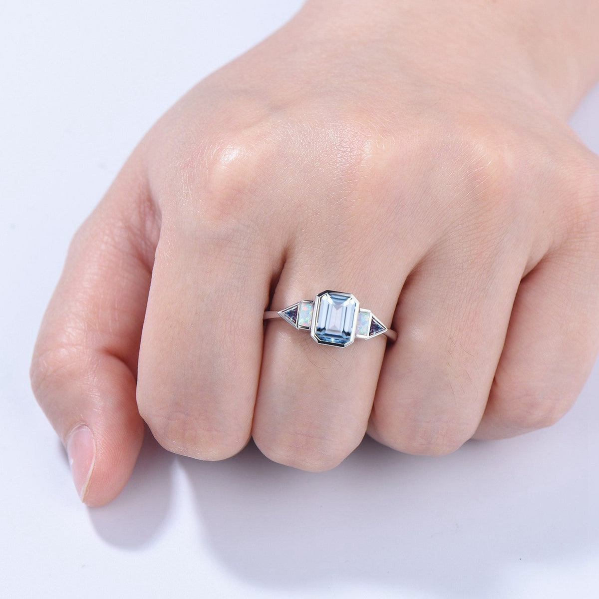 Bezel Set Emerald Cut Aquamarine Engagement Ring Five Stone Baguette Opal & Trillian Alexandrite Wedding Band