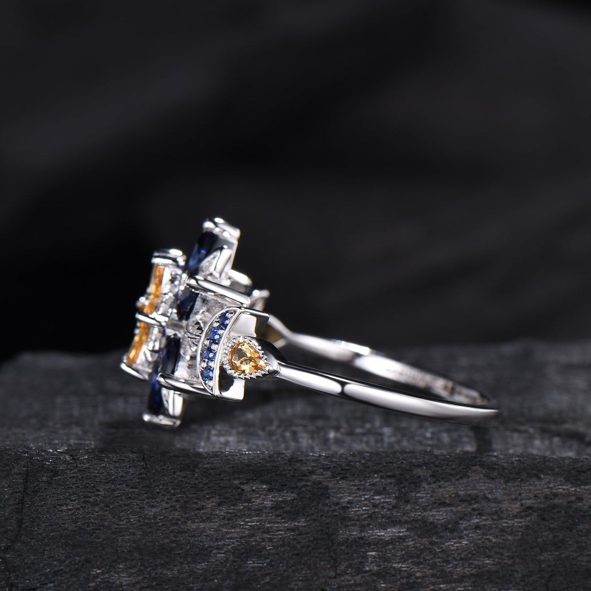 Celestial Sun and Moon Engagement Ring | Sapphire & Citrine Floral Mandala