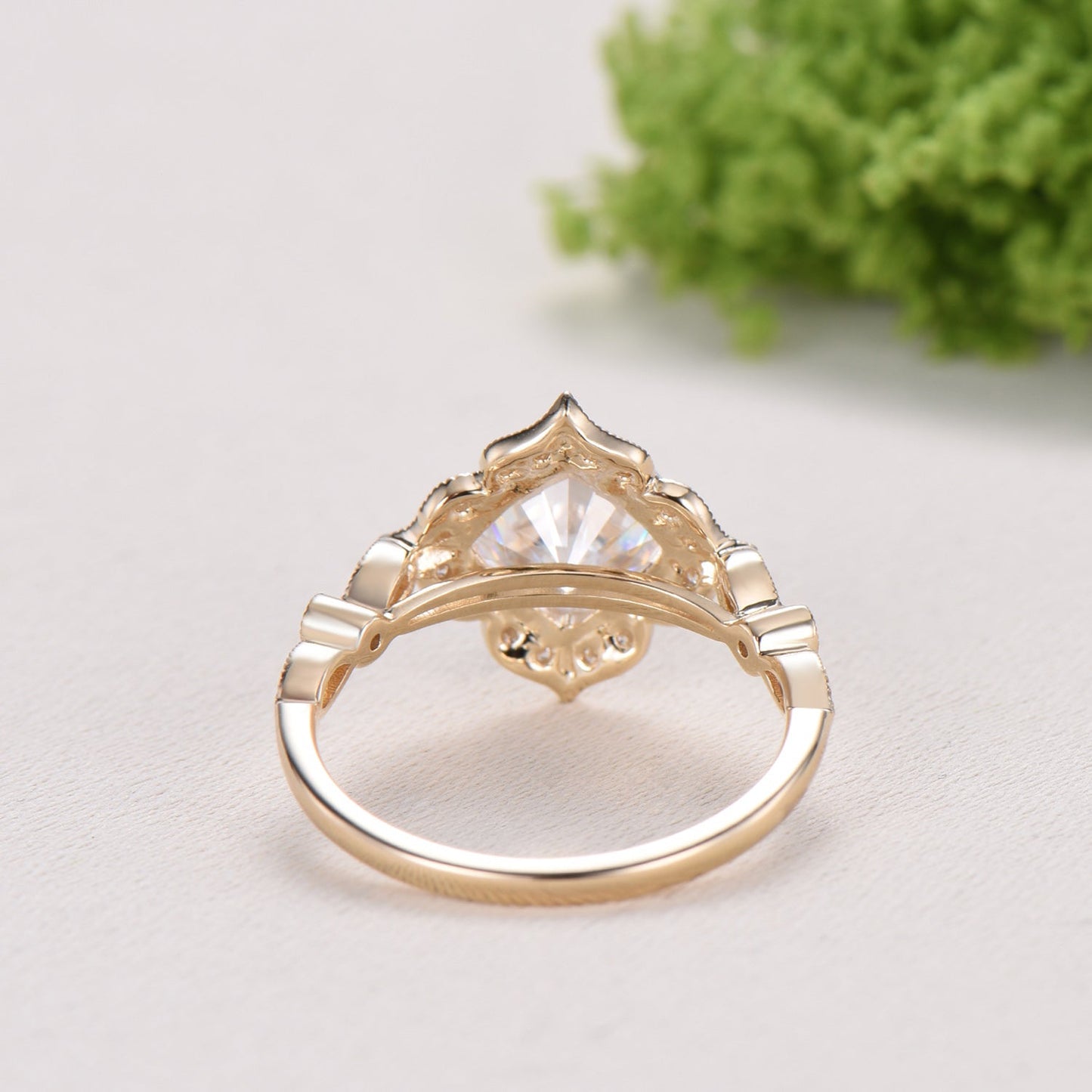 Art Deco Cushion Cut Moissanite Engagement Ring, 14K Yellow Gold Milgrain Marqusie Diamond Band