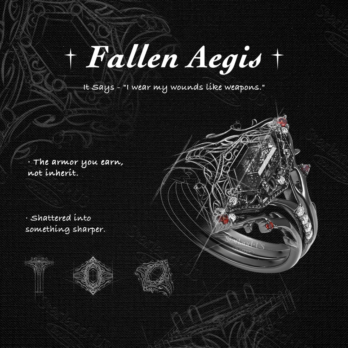 Gothic Inspired Long Hexagon Smokey Quartz 'Fallen Aegis' Shield Engagement Ring Set 3pcs