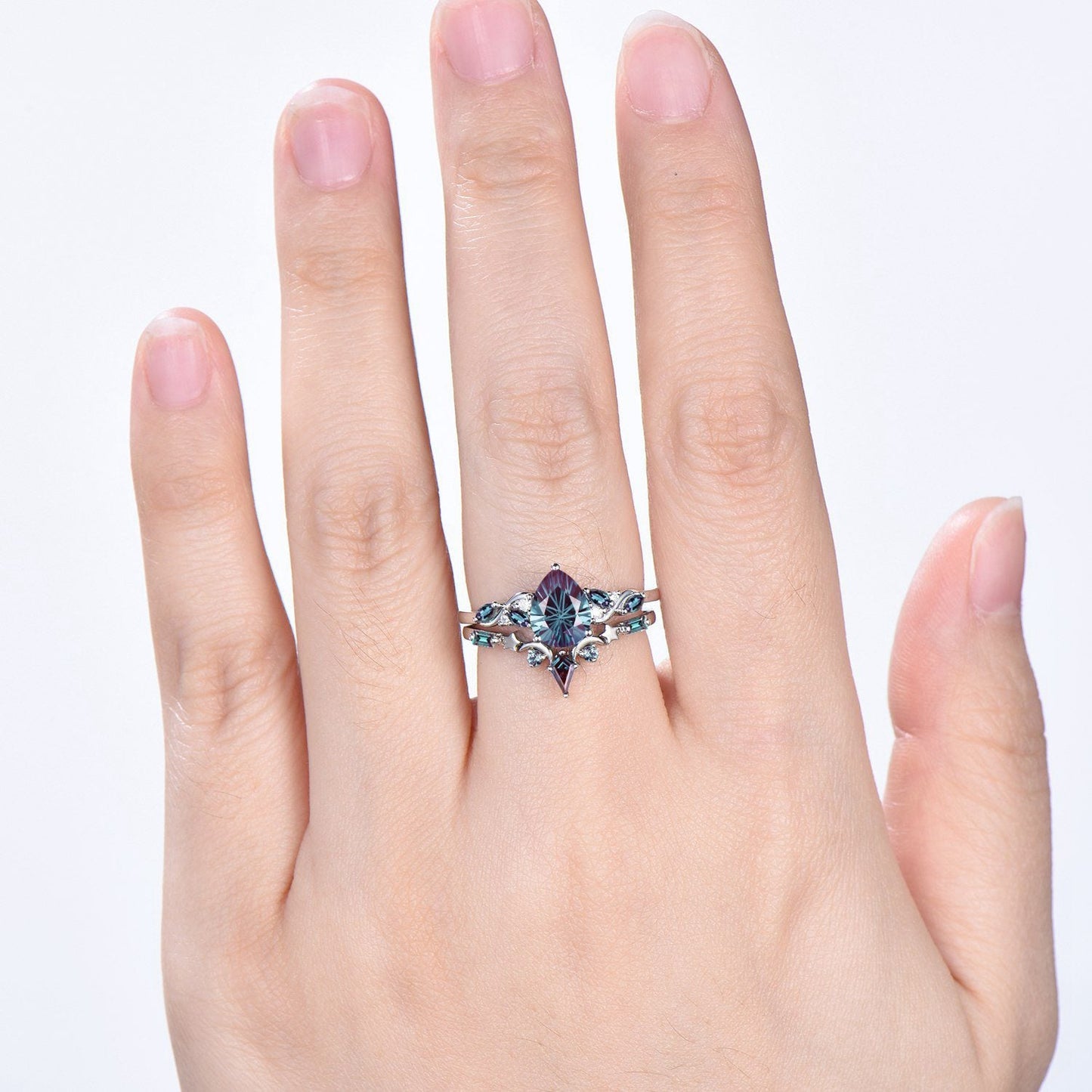 Nebula Teardrop Fireworks Cut Alexandrite Crown Engagement Ring Set: Moon Star Stacking Band