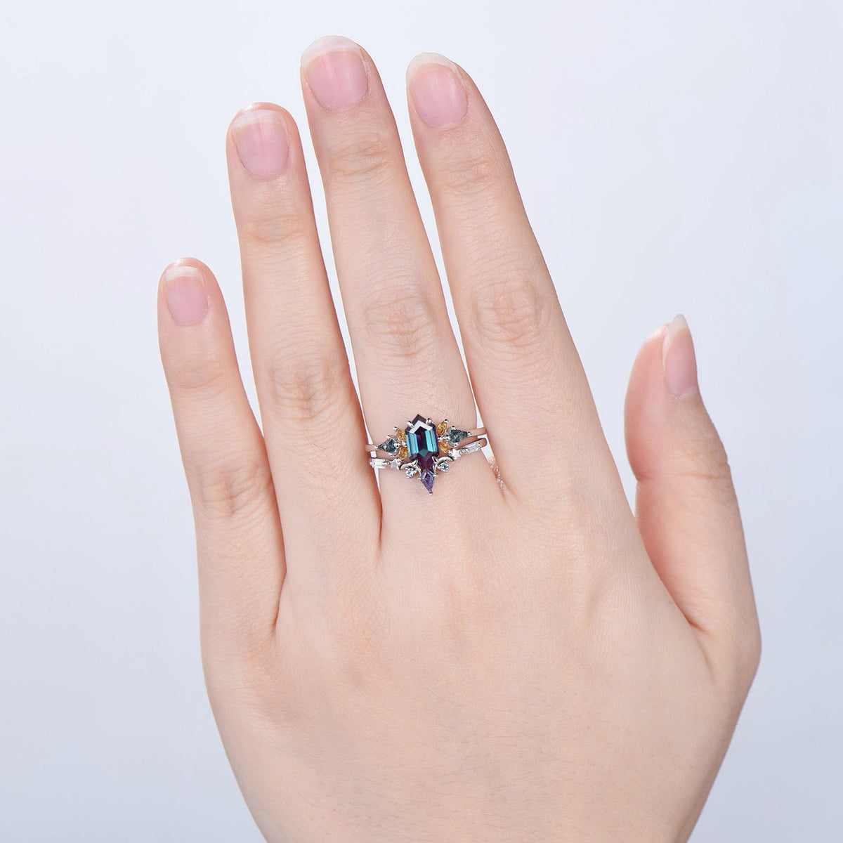 Vintage Elongated Hexagon Alexandrite Bridal Set with Citrine Moss Agate Cluster