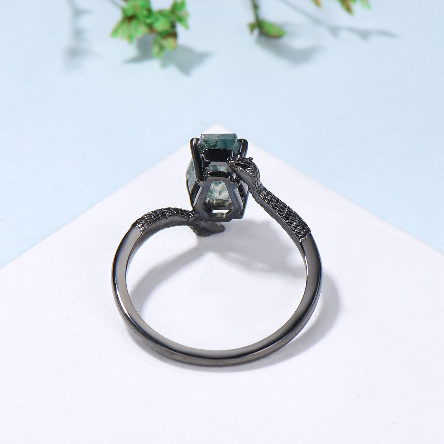 Unique Snake green moss agate engagement ring cold-blooded coffin shaped green stone three stone wedding ring women anniversary promise gift