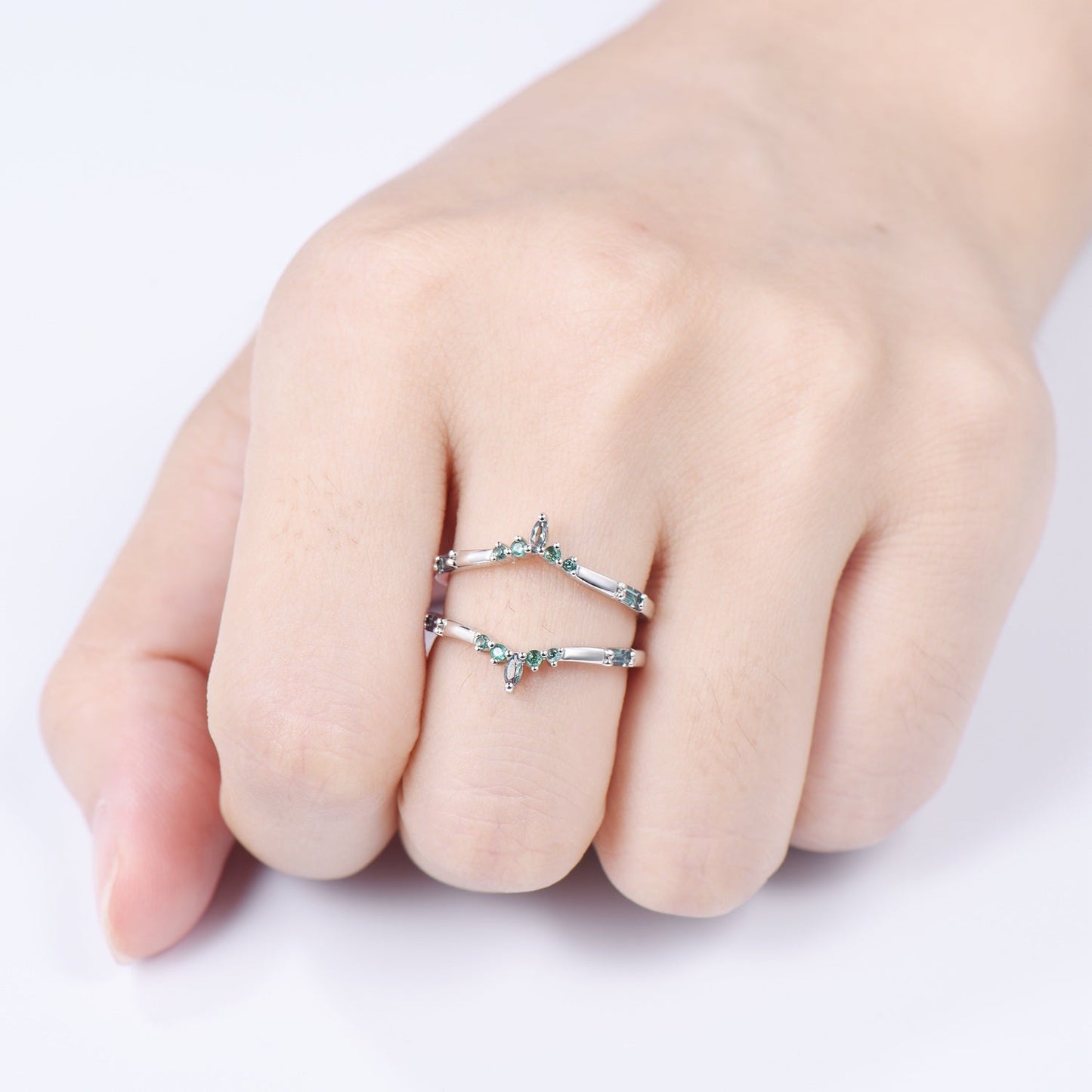 Double Curved Alexandrite Emerald Wedding Band Sterling Silver Contour Enhancer Stacking Marquise Baguette Matching Band Anniversary Gifts