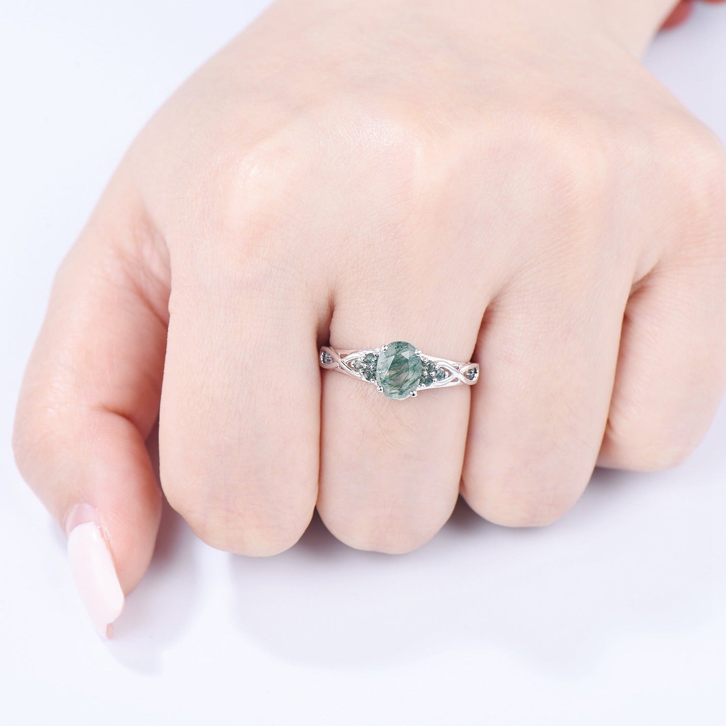 Celtic Knot Oval Natural Moss Agate Engagement Ring Solid 14K/18K White Gold Unique Infinity Ring Cluster Wedding Ring Anniversary gifts