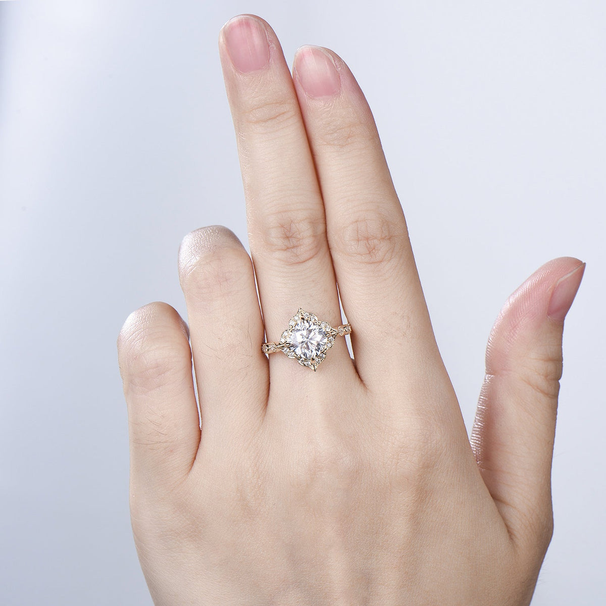 Art Deco Cushion Cut Moissanite Engagement Ring, 14K Yellow Gold Milgrain Marqusie Diamond Band