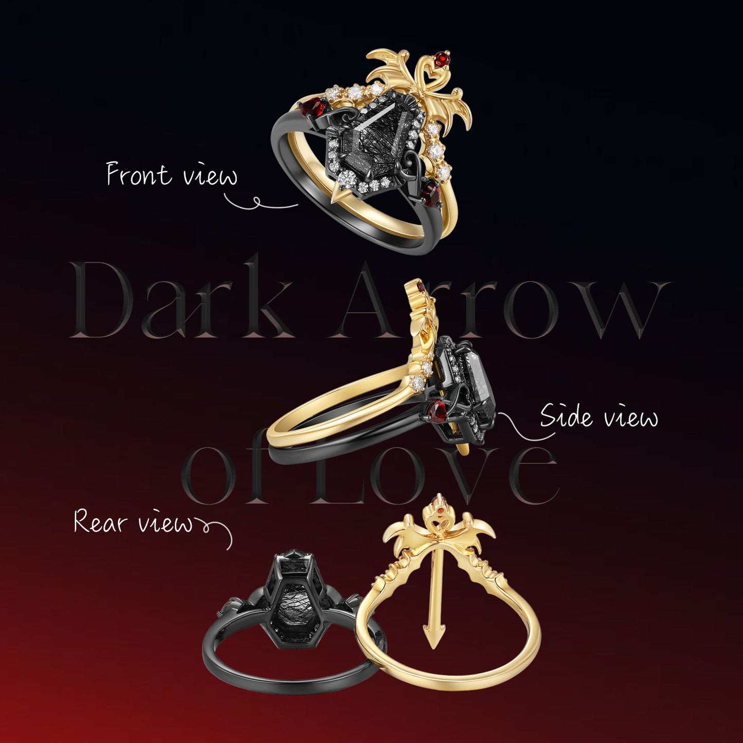 'Dark Arrow of Love' - Gothic Bat Wing Inspired Coffin Black Rutilated Quartz Two-Tone Bridal Set 2pcs