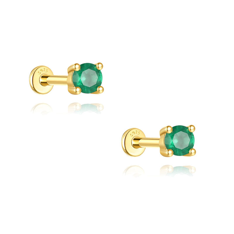 S925 Sterling Silver Gold Plated Round Green Zircon Four-Prong Flat Back Cartilage Earring