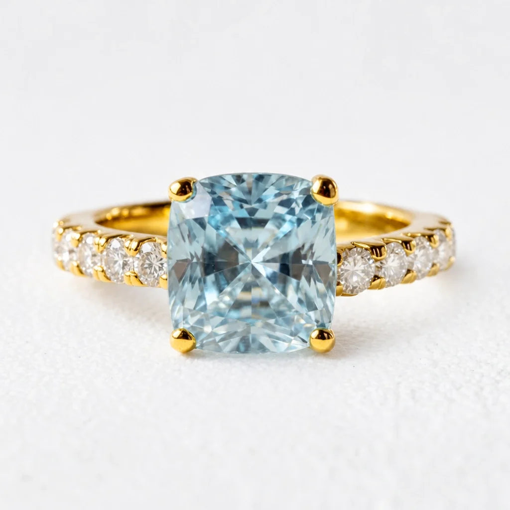 Aria’s Tide | 2CT Cushion Cut Aquamarine Engagement Ring