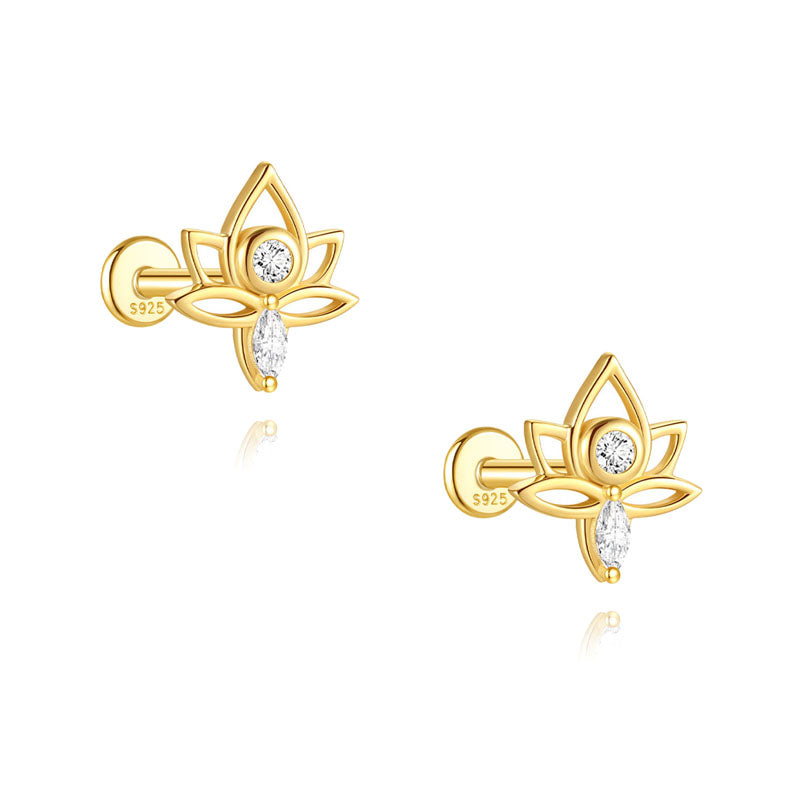 S925 Sterling Silver Gold Plated Lotus Flower CZ Flat Back Cartilage Earring