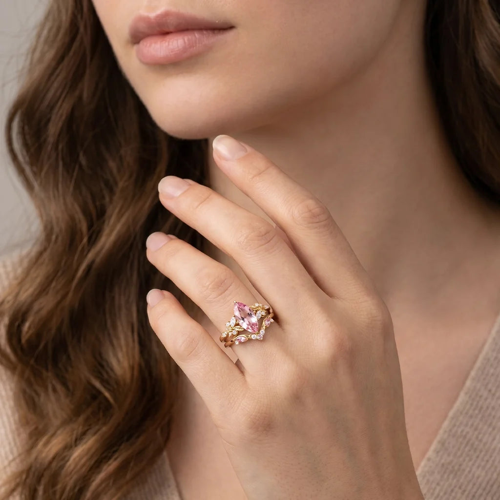 Peony's Bloom | Marquise Pink Sapphire Bridal Set 2pcs