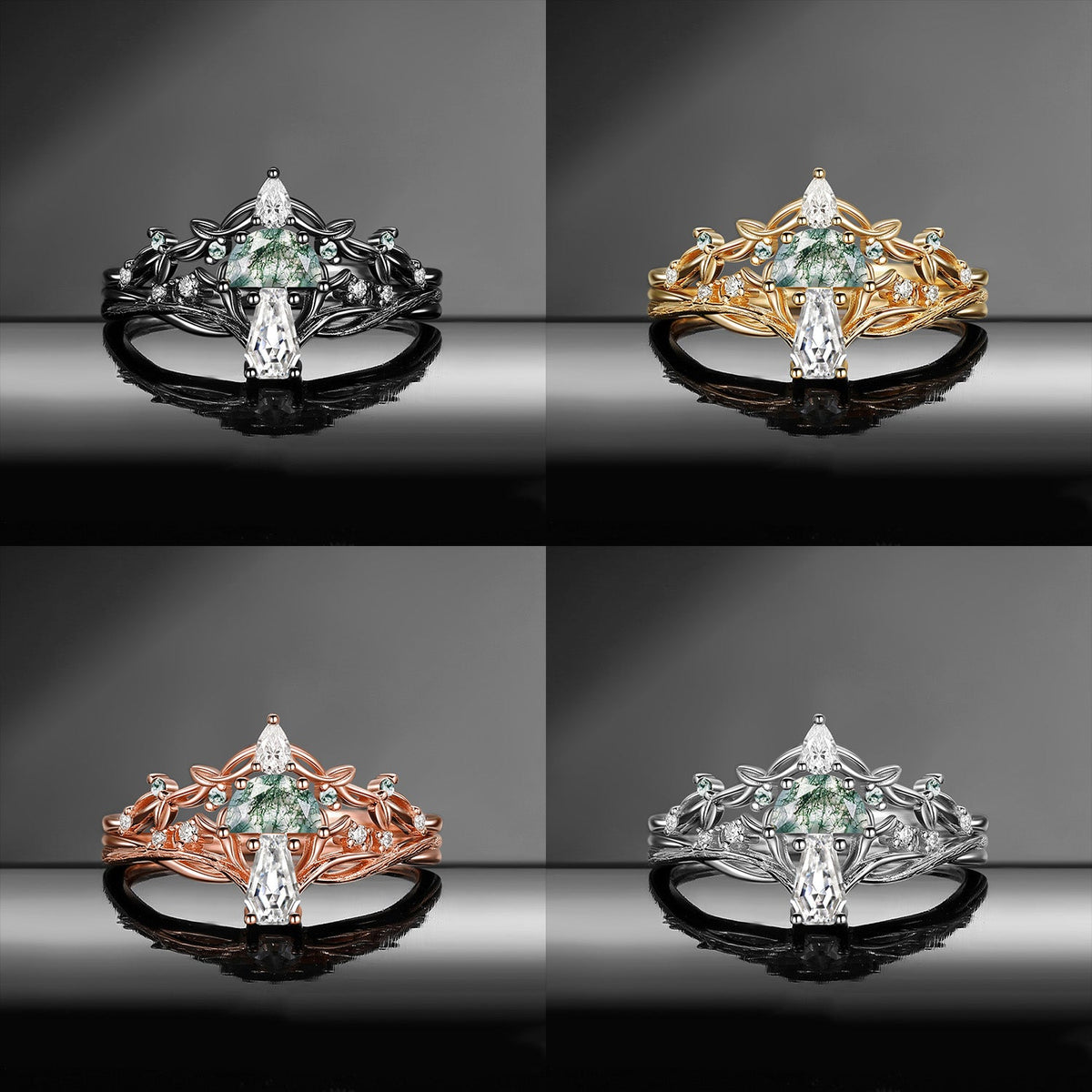 Tree of Life - Nature Inspired Half Moon Moss Agate & Coffin Moissanite Mushroom Engagement Ring Set wit Twisted Branch Band