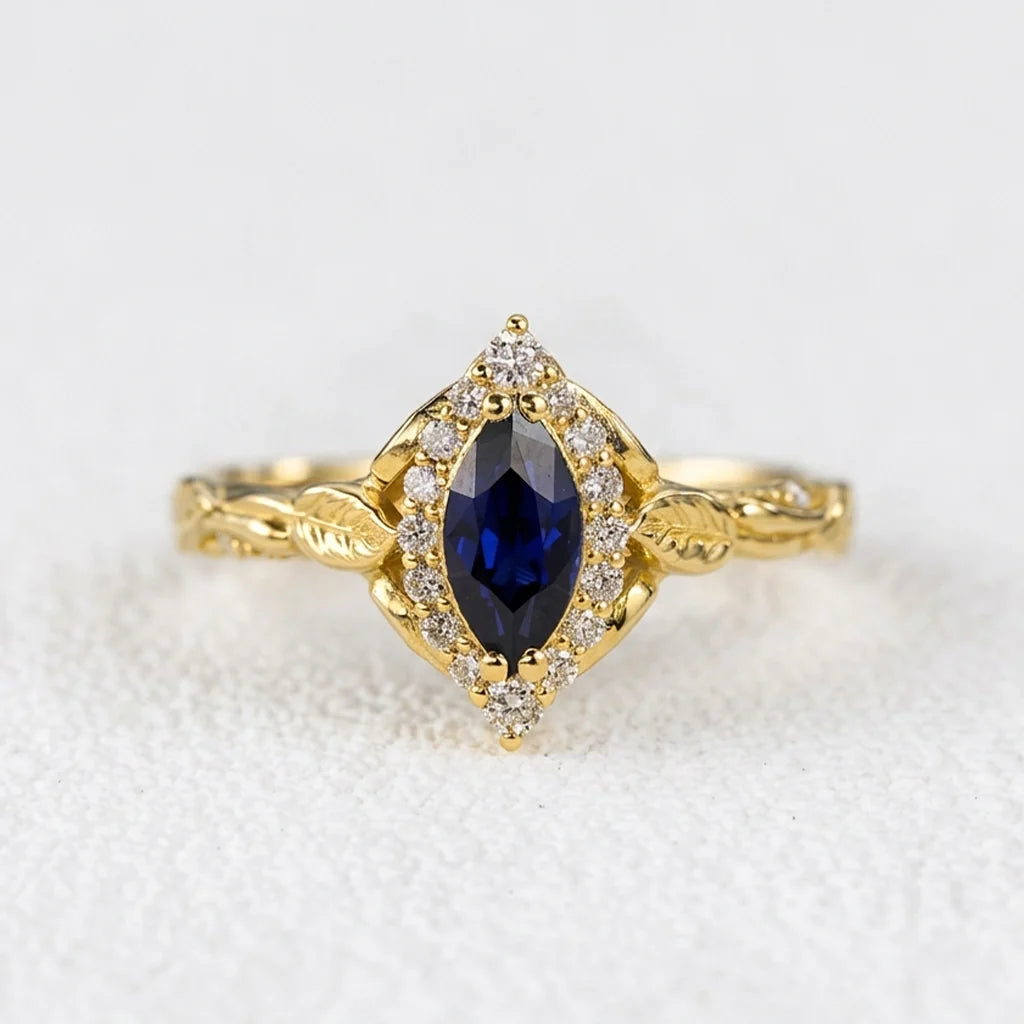 Victoria’s Diadem | Marquise Cut Sapphire & Diamond Halo Bridal Set 2pcs
