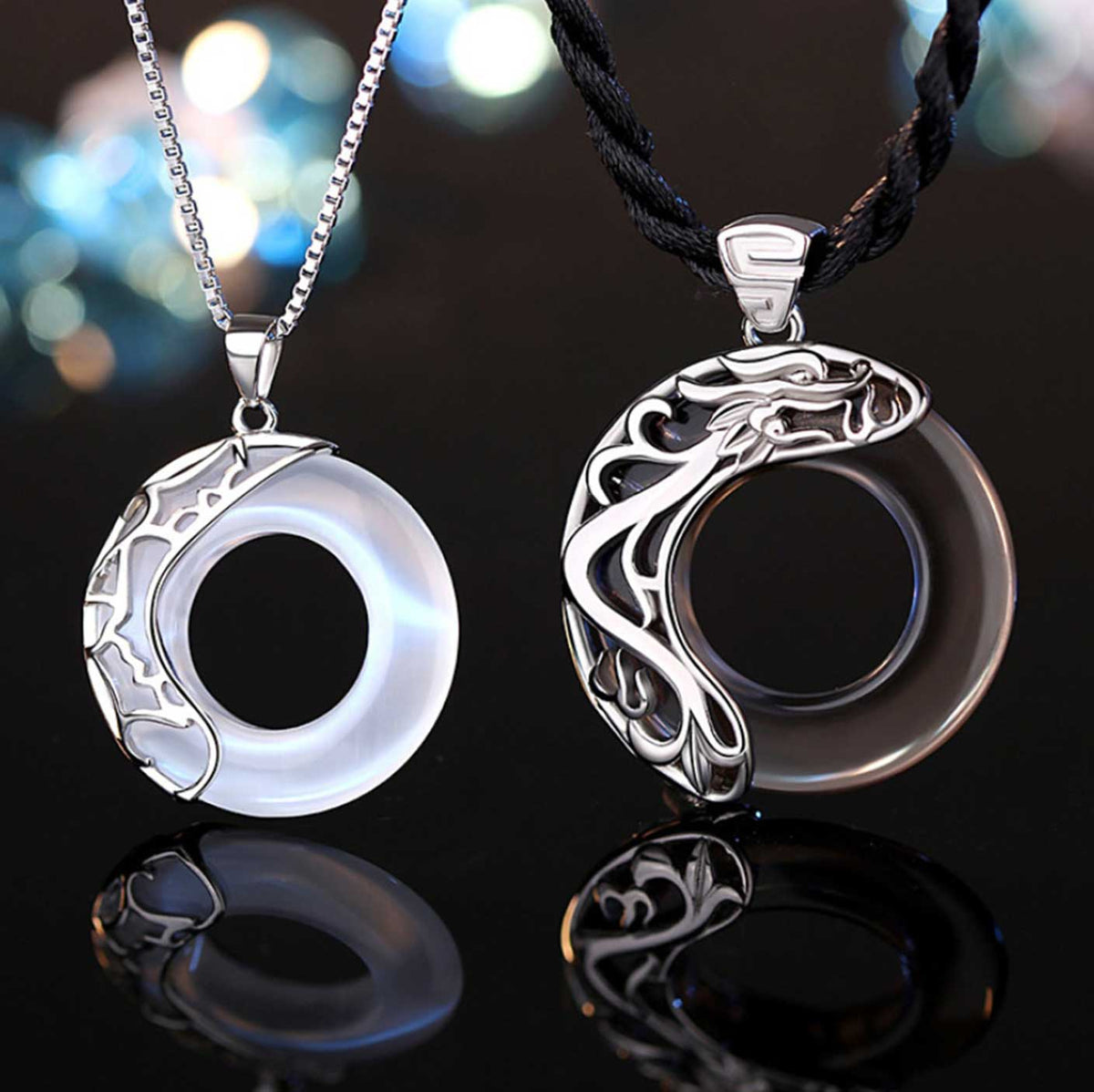 Obsidian Dragon and Opal Phoenix Couple Protection Necklace