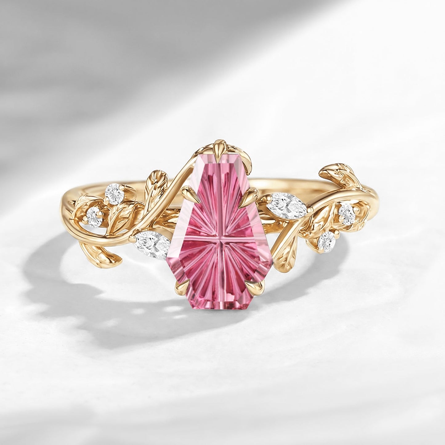 Nature Inspired Fantasy Carved Coffin Natural Pink Tourmaline Unique Leaf Vine Engagement Ring