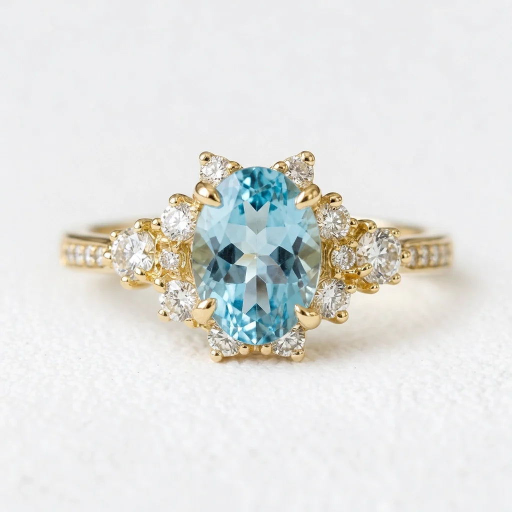Aria‘s Bay | Oval Cut Blue Topaz Halo Engagement Ring