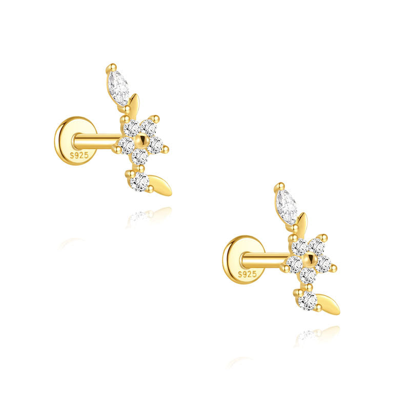 S925 Sterling Silver Gold Plated Flower & Leaf CZ Flat Back Cartilage Earring