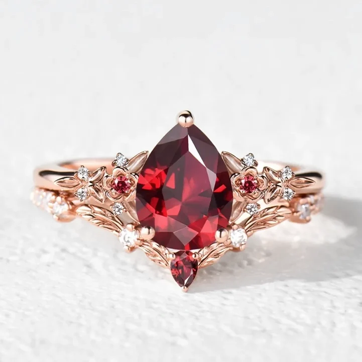 Scarlett’s Twig | Vintage Pear Red Ruby & Diamond Floral Bridal Set 2pcs