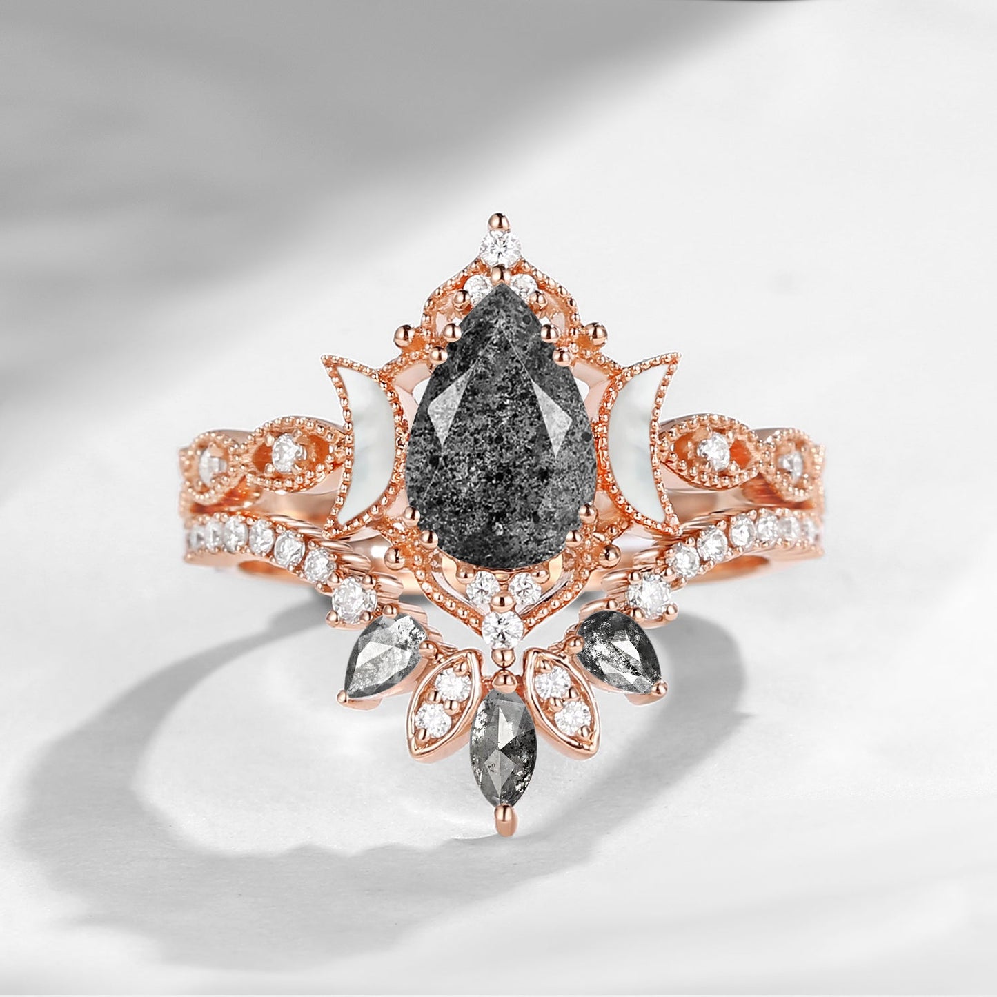 Crescent Moon | Pear Herkimer Diamond & Mother of Pearl Moon 'Ultra Galaxy' Engagement Ring Set 2pcs
