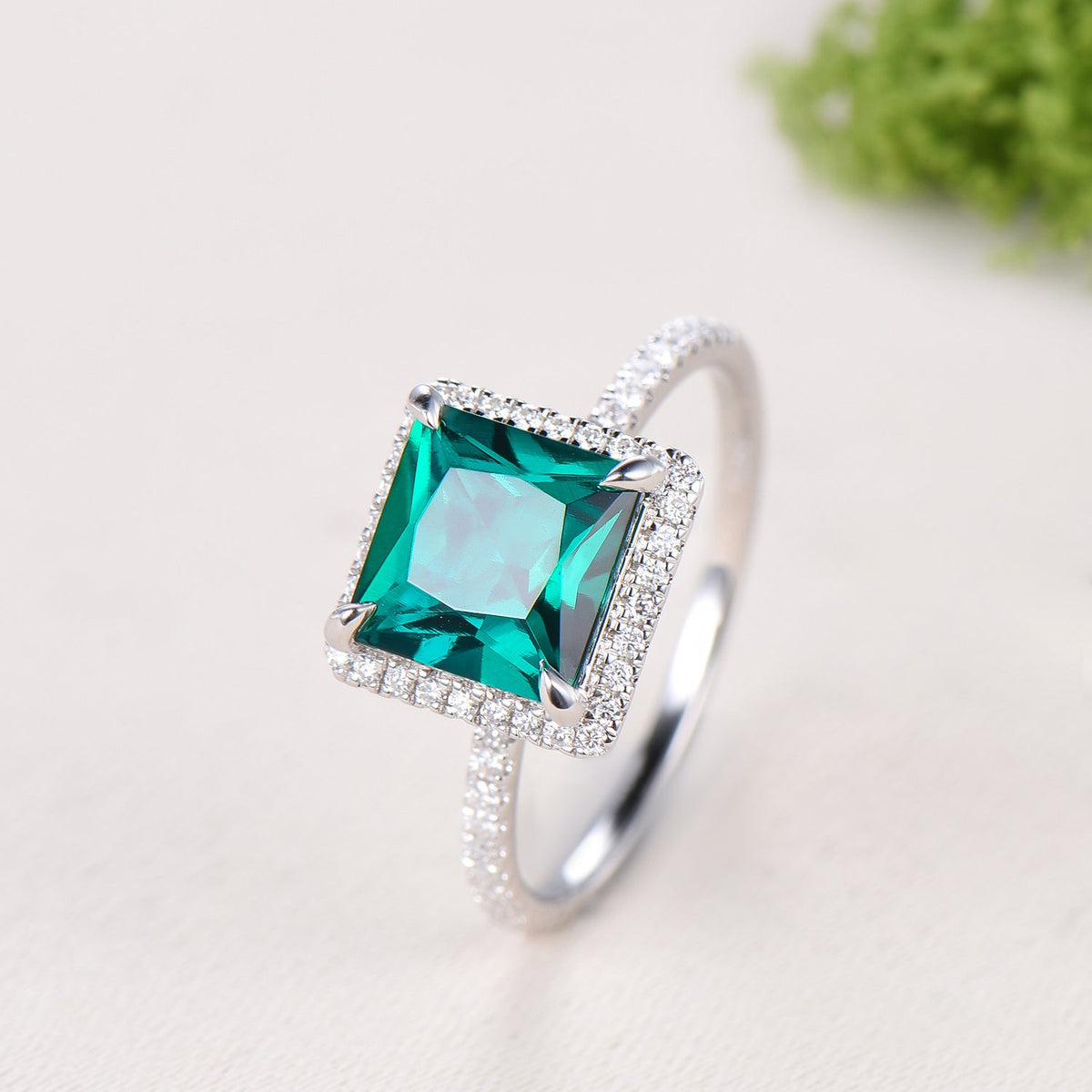 2.5 Carat Princess Cut  Emerald Halo Diamond Engagement Ring 14k White Gold Retro Basket Setting Wedding Bridal Set May Birthstone