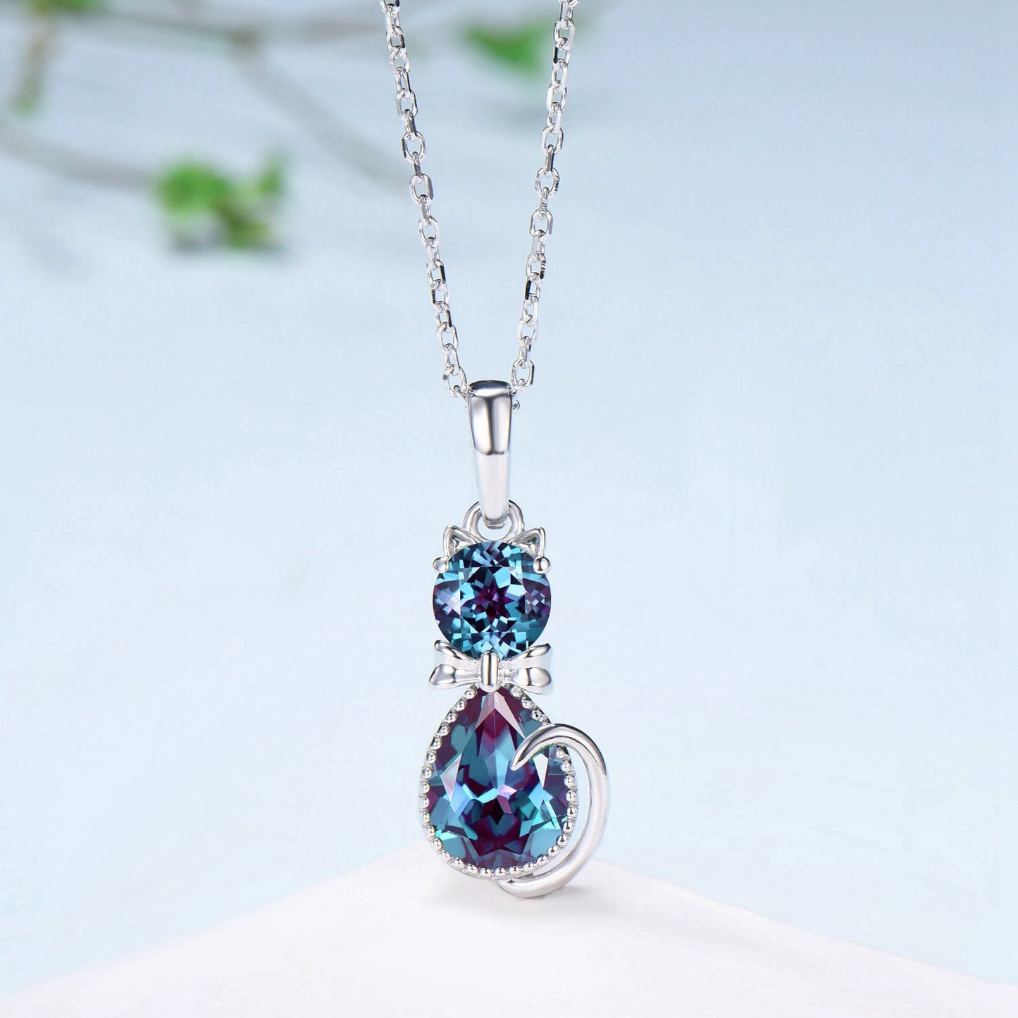 Dainty cat alexandrite necklace cute silver white gold bow-knot pendant necklace unique personalized Cat's Paw anniversary gift for daughter