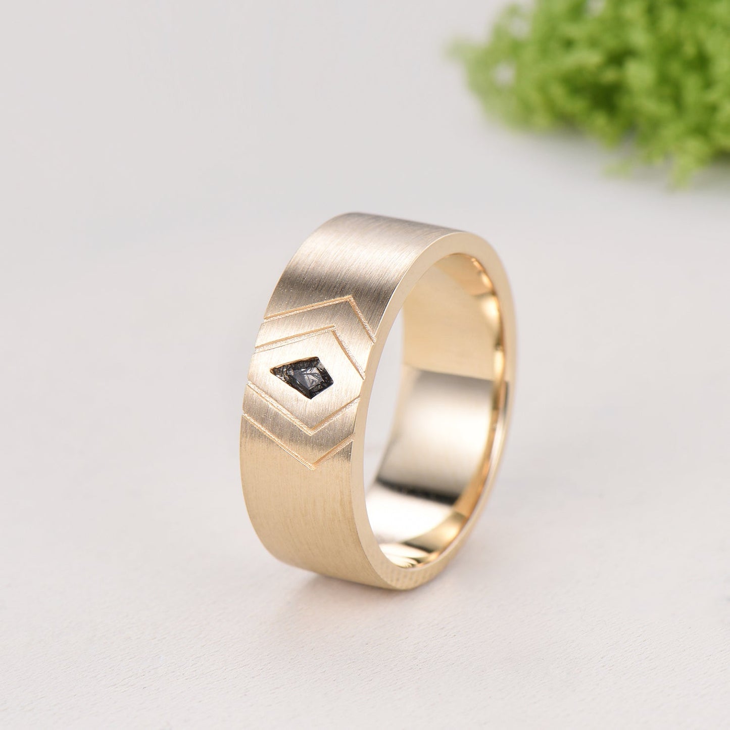 6mm Men's Ring Kite Cut Black Rutilated Quartz Brushed Finished Band Solitaire Wedding Ring Anniversary Band Gift For Men