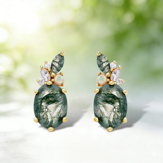 Oval Moss Agate Stud Earrings, Dainty Opal Cluster Jewelry, Botanical Ear Climbers, Forestcore Aesthetic Gift, Unique Bridesmaid Gift