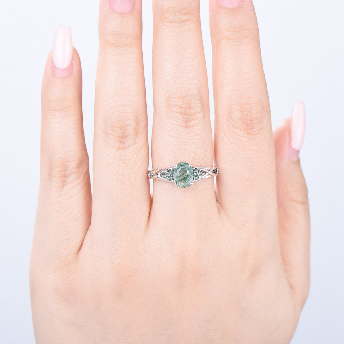 Celtic Knot Oval Natural Moss Agate Engagement Ring Solid 14K/18K White Gold Unique Infinity Ring Cluster Wedding Ring Anniversary gifts