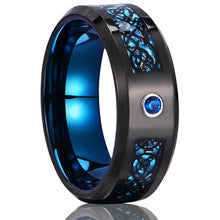 8mm tungsten men's wedding band Tungsten steel two-tone ring with blue fiber black dragon slice and blue zircon