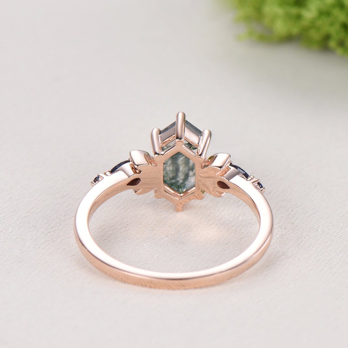 Long Hexagon Moss Agate Engagement Ring, Crescent Moon Blue Sandstone Band, Celestial Jewelry, Unique 14K Rose Gold Wedding Ring Set
