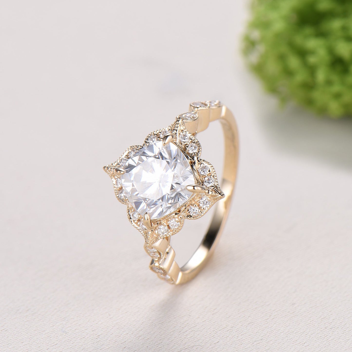 Art Deco Cushion Cut Moissanite Engagement Ring, 14K Yellow Gold Milgrain Marqusie Diamond Band