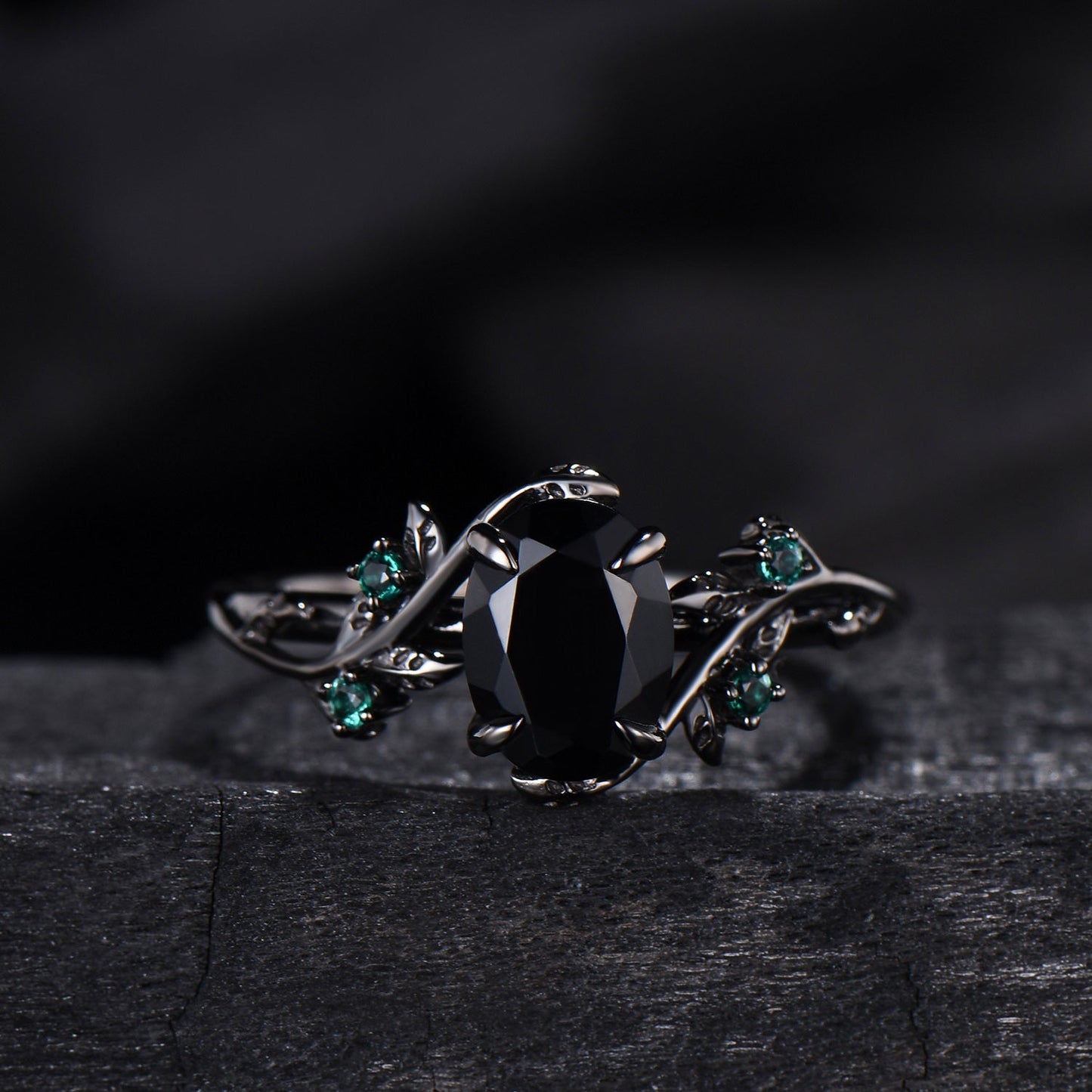 Unique gothic black gold onyx engagement ring set leaf nature inspired emerald wedding ring set twig vine marquise moss agate bridal set